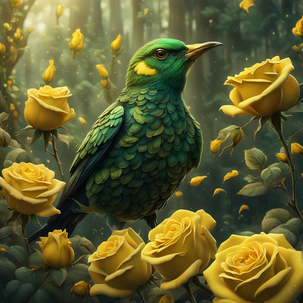 Green Bird with Yellow Roses in Detailed Digital Art