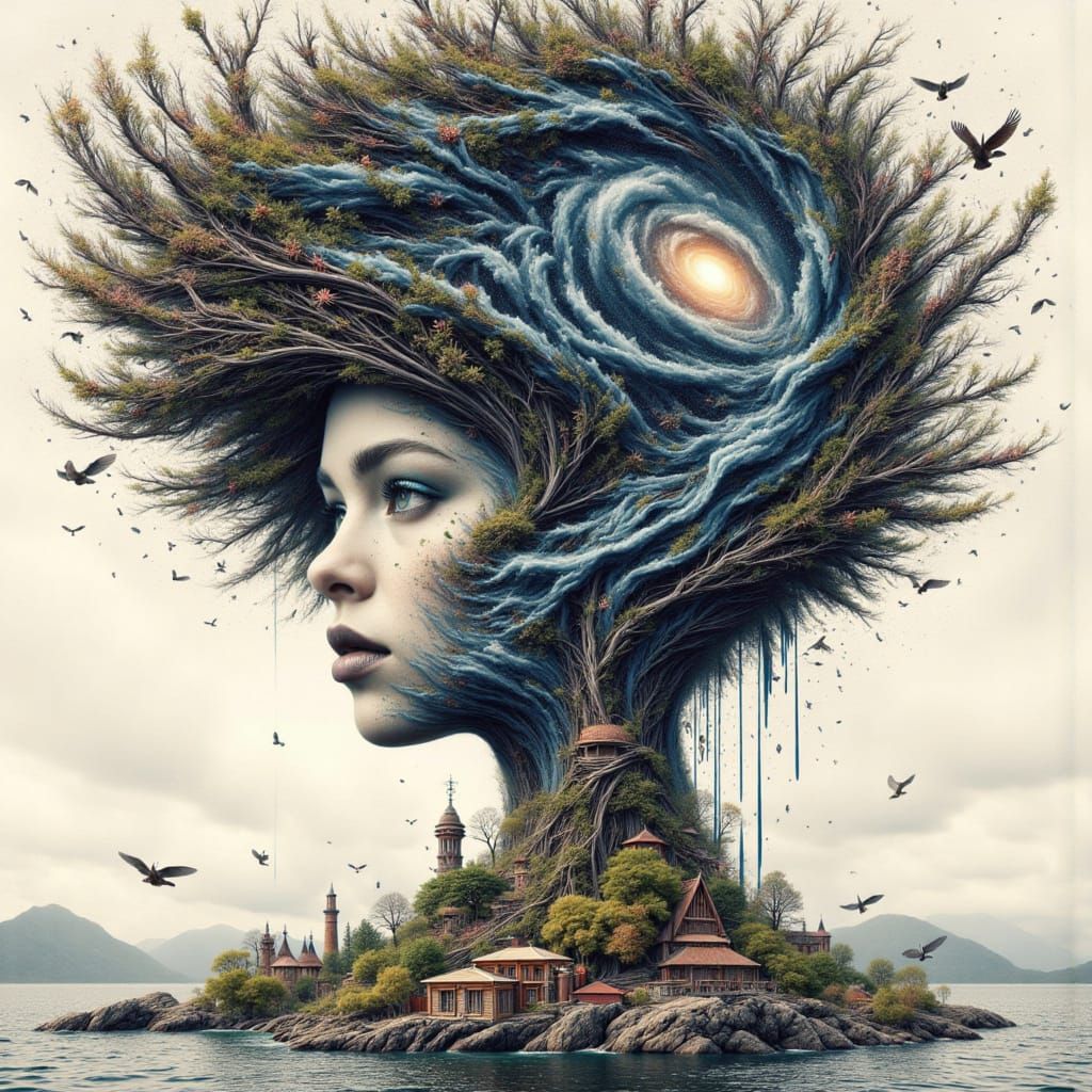 Galaxy Drips Into Cityscape Silhouette Head