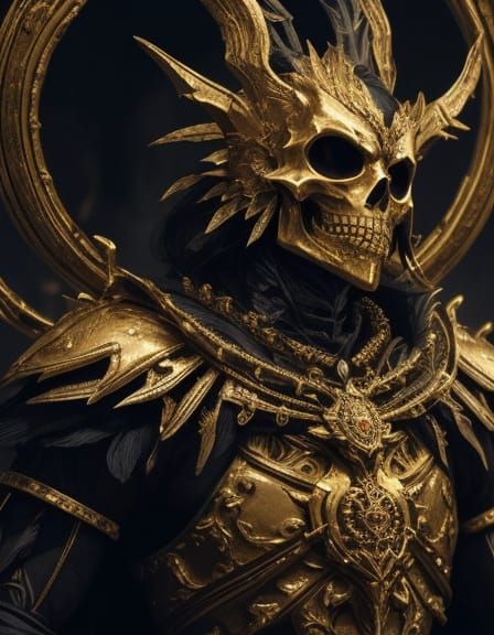Golden Armored Skeleton in Dark Abstract Style
