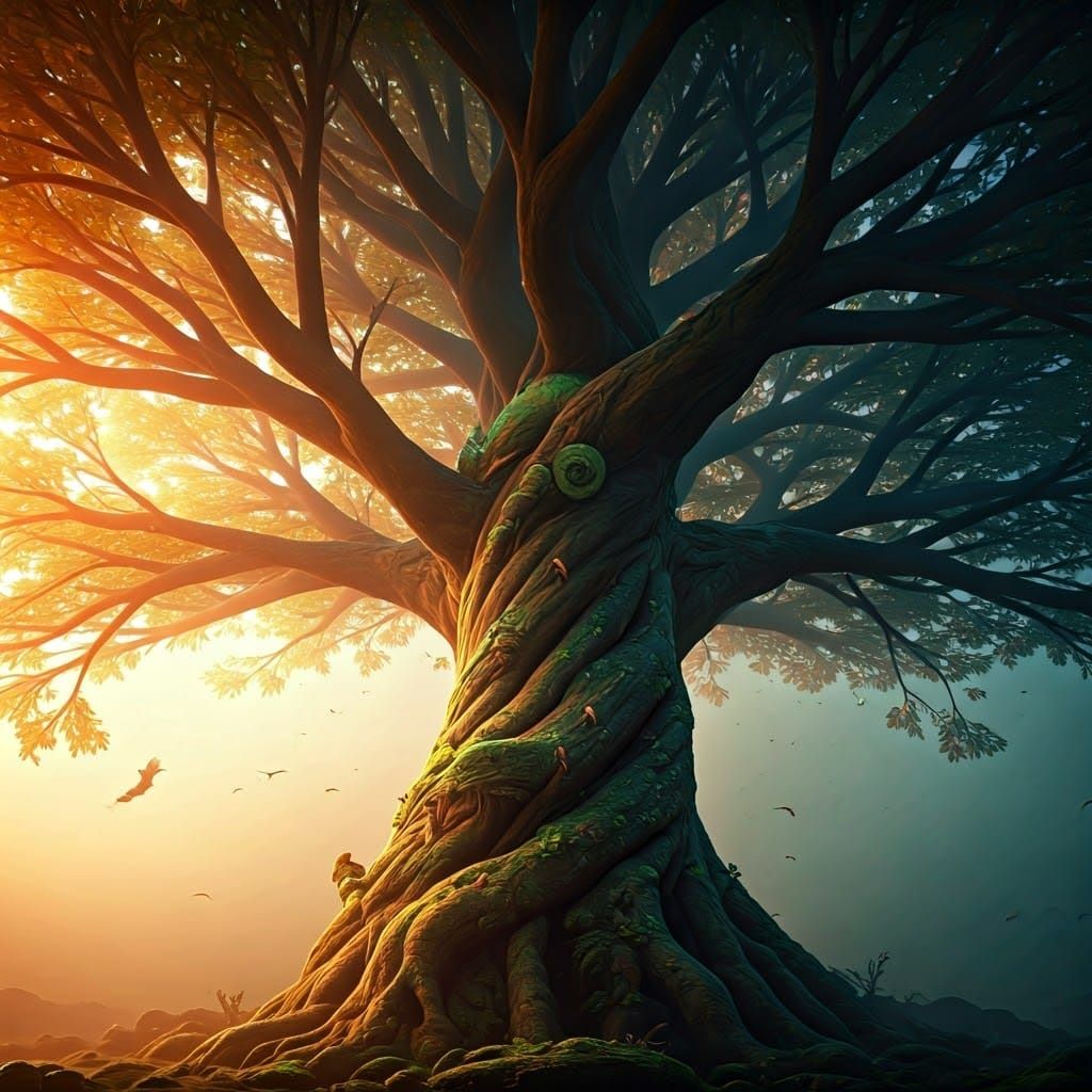 Lush Tree with Birds and Chameleon, High-Fantasy Art