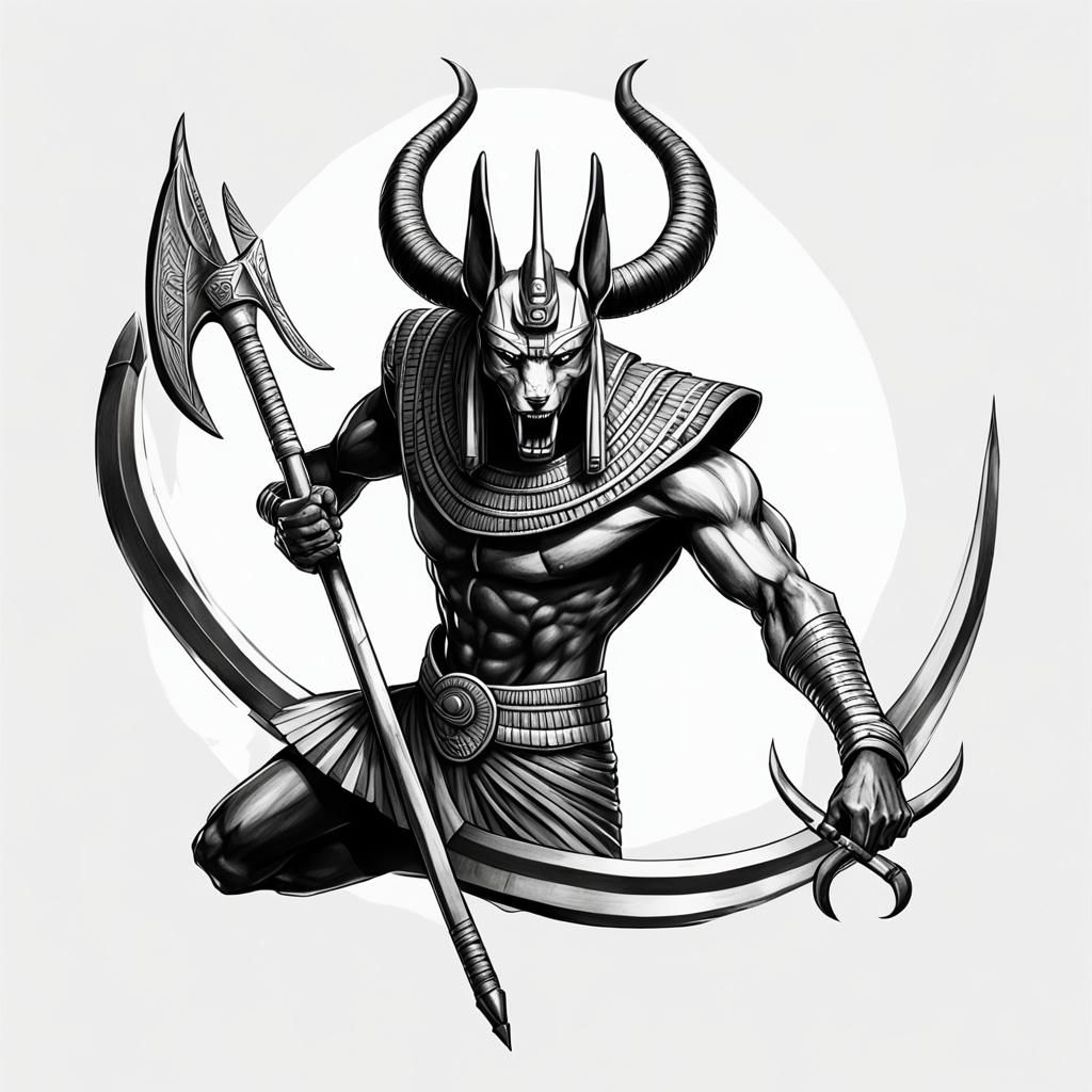 Anubis, Egyptian God, in Fighting Pose: 2D Drawing