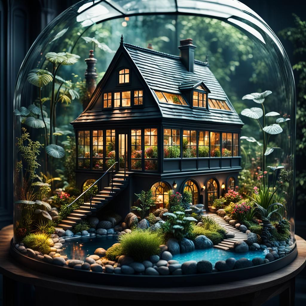 Miniature Landscape Inside Glass Terrarium: Digital Matte Pa...