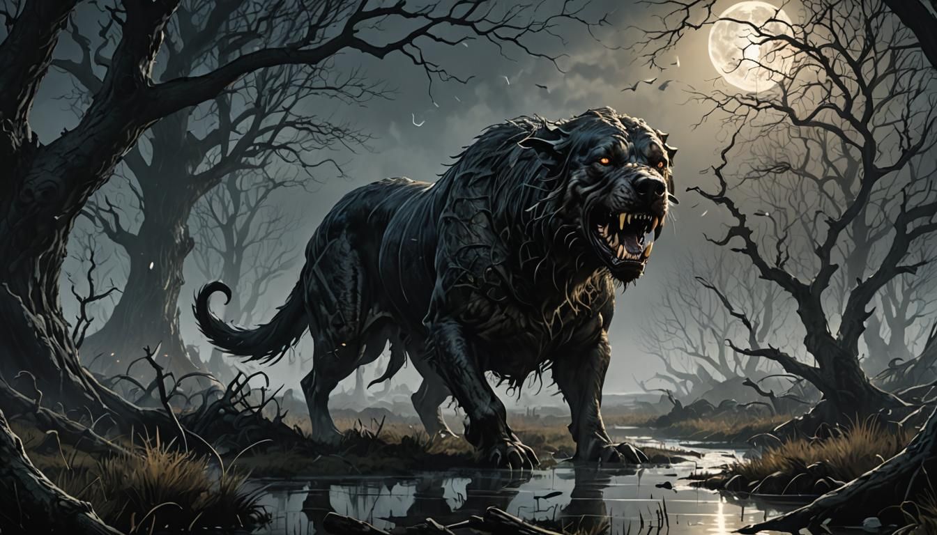 Hound of Baskervilles in Foggy Marsh, Dark Fantasy