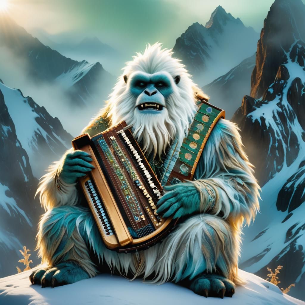 Mystical Yeti Serenade in Vibrant Fantasy Landscape