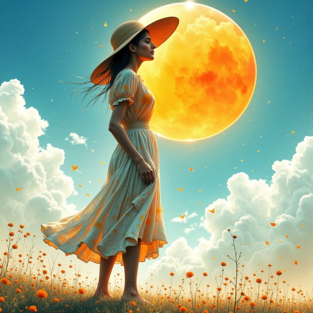 Serene Woman Contemplates Vibrant Sunset in Atmospheric Illu...