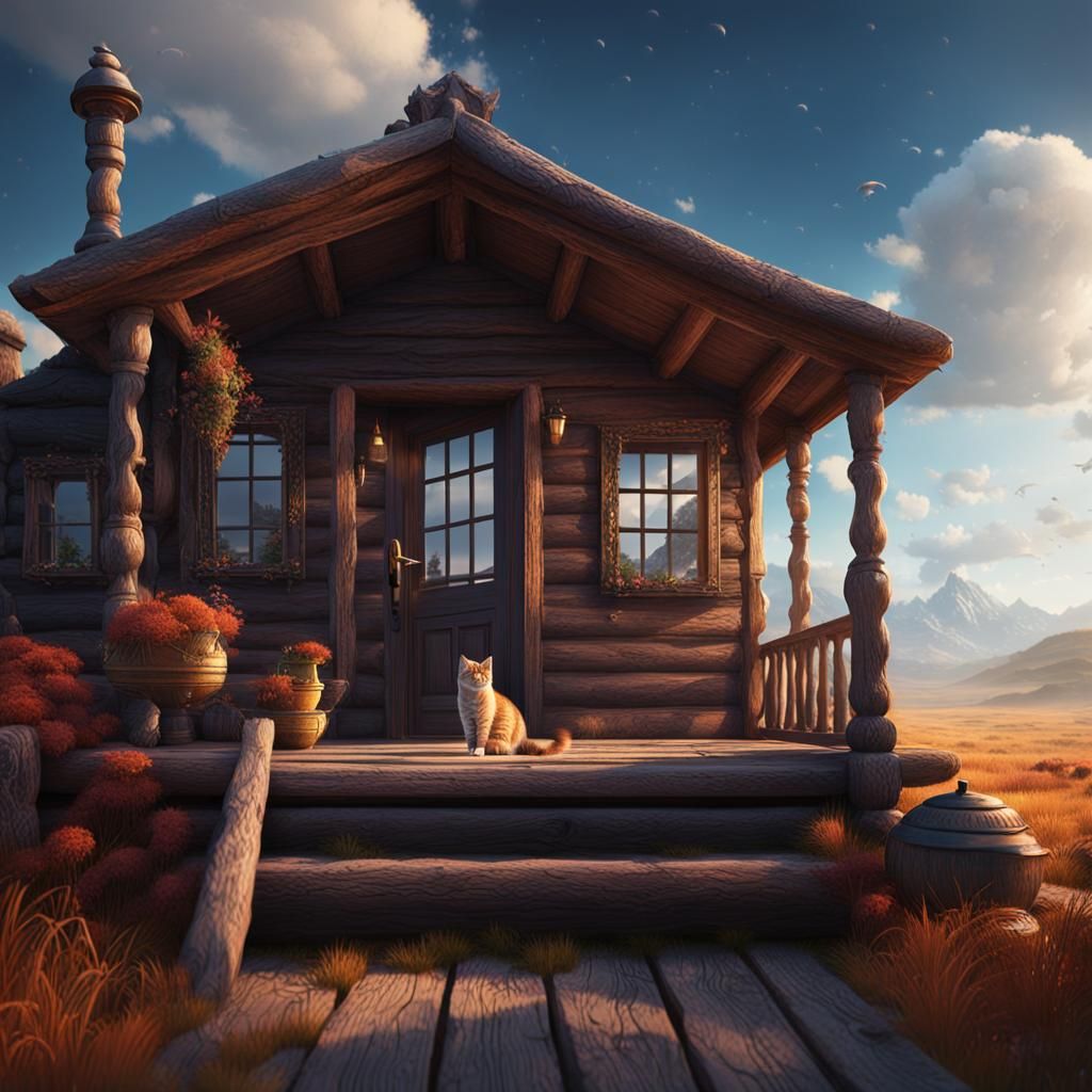 Cat on Porch in Vast Landscape: Matte Painting