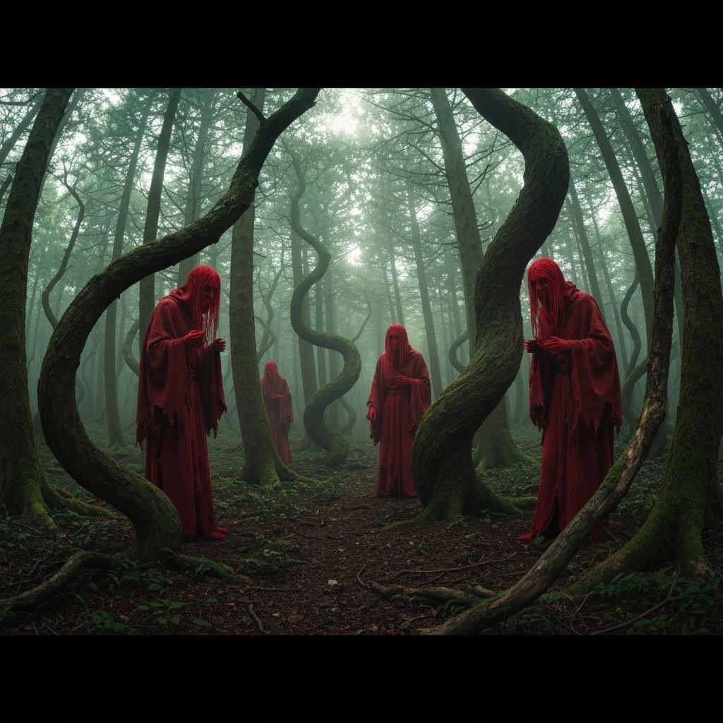 Eerie Red Figures in Mystical Forest