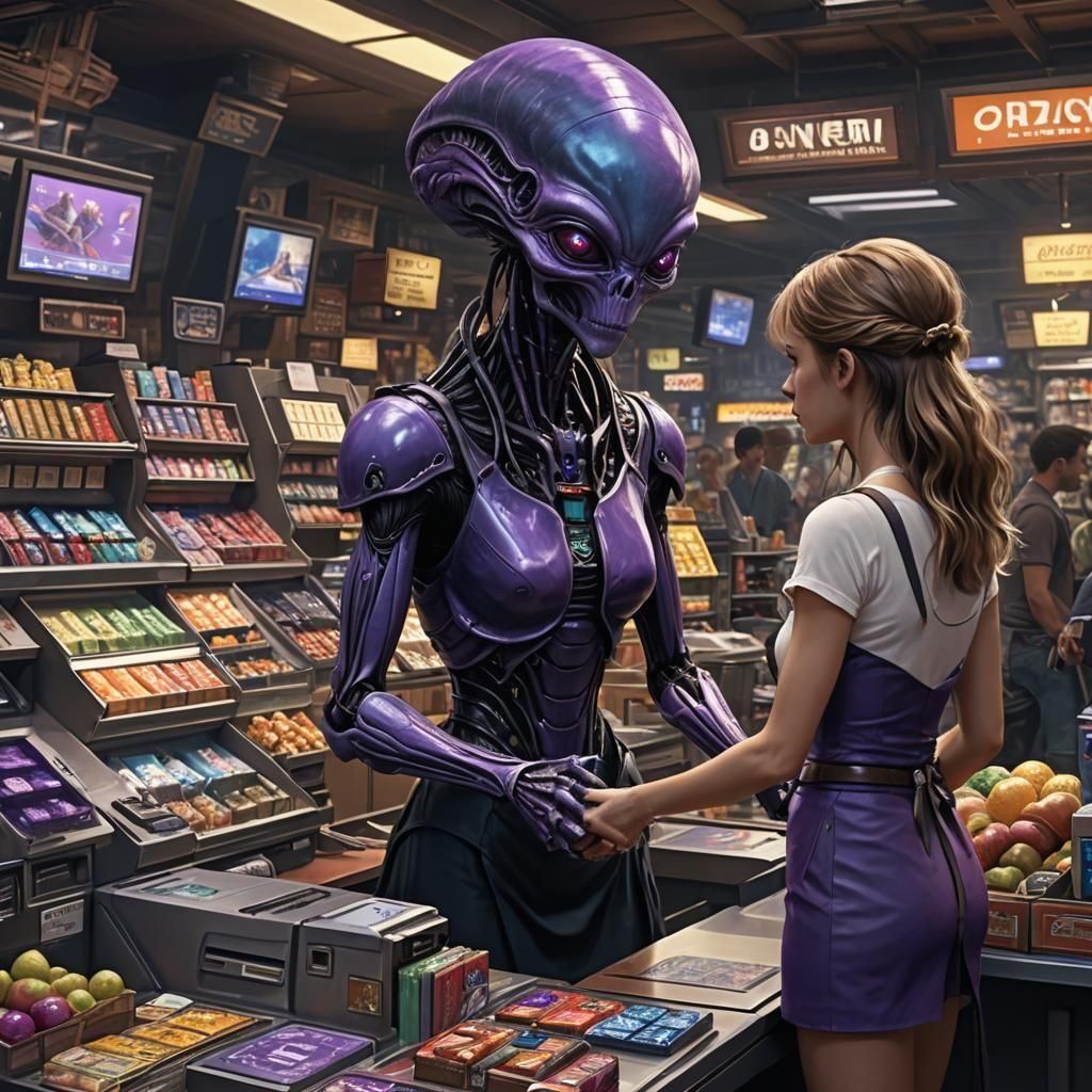 Alien Cashier Serving Customer: Dark Fantasy Art