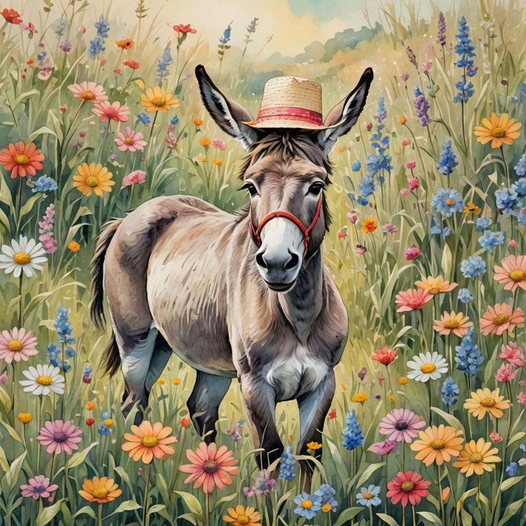 Donkey in Floppy Hat: Whimsical Watercolor Illustration