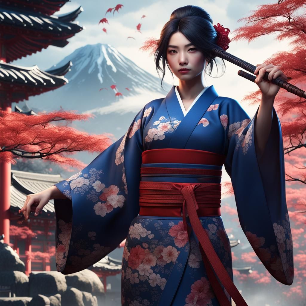 Beautiful Assassin in Kimono: Detailed Matte Painting