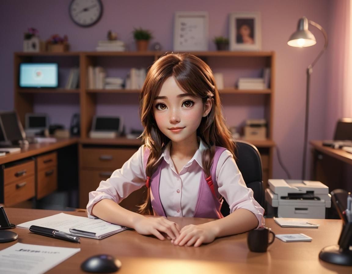 Chibi Pixar Character in Office with Soft Lighting
