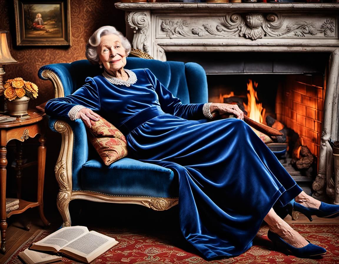 Charming Lady Relaxing by Fireplace in Color Pencil Art