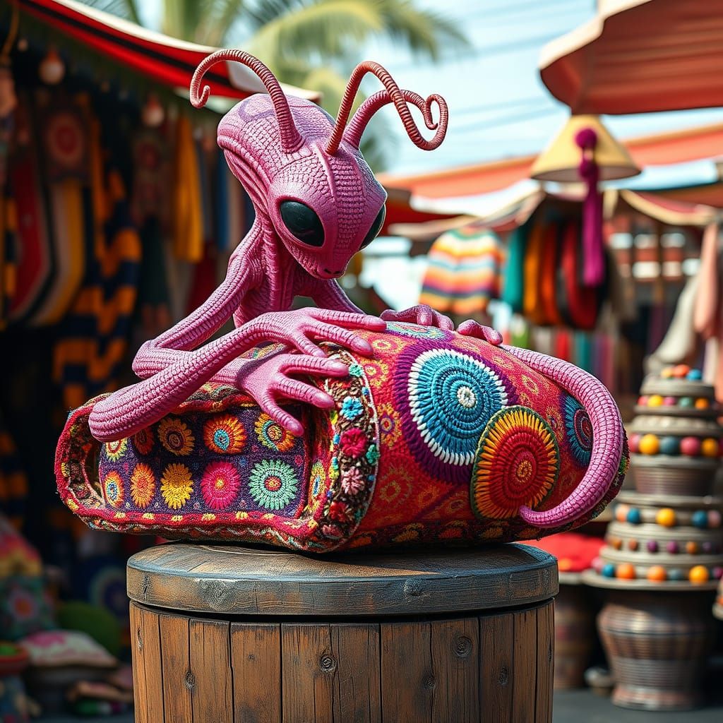 Exotic Marketplace Alien Inspects Intricate Crocheted Tank