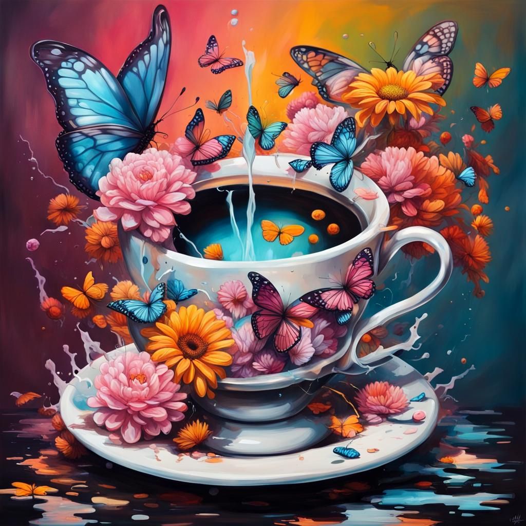 Surreal Still Life: Teacup, Clocks, and Butterflies