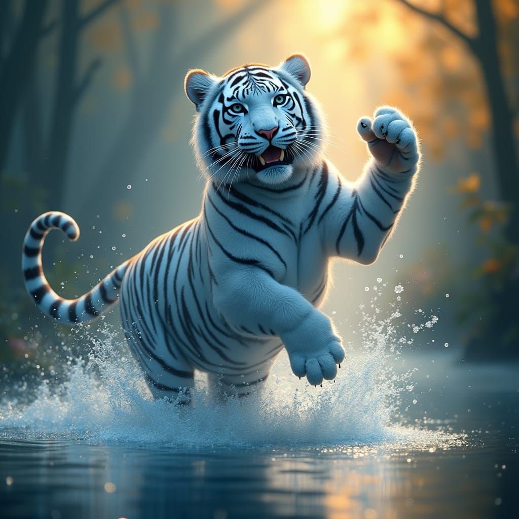 Ethereal Tiger Dances Amidst Golden Light