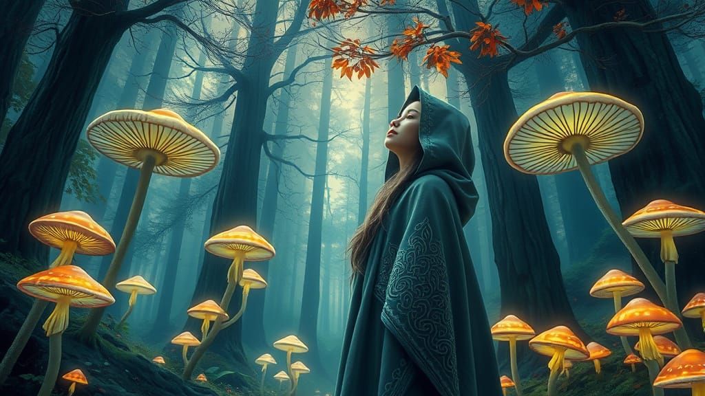 Dreamlike Forest Scene with Glowing Mushrooms and Celtic-Ins...