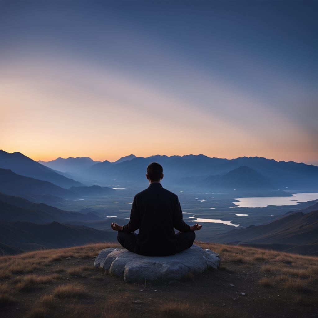 Man Meditating in Tibet Hills at Sunset Overlooking Sea