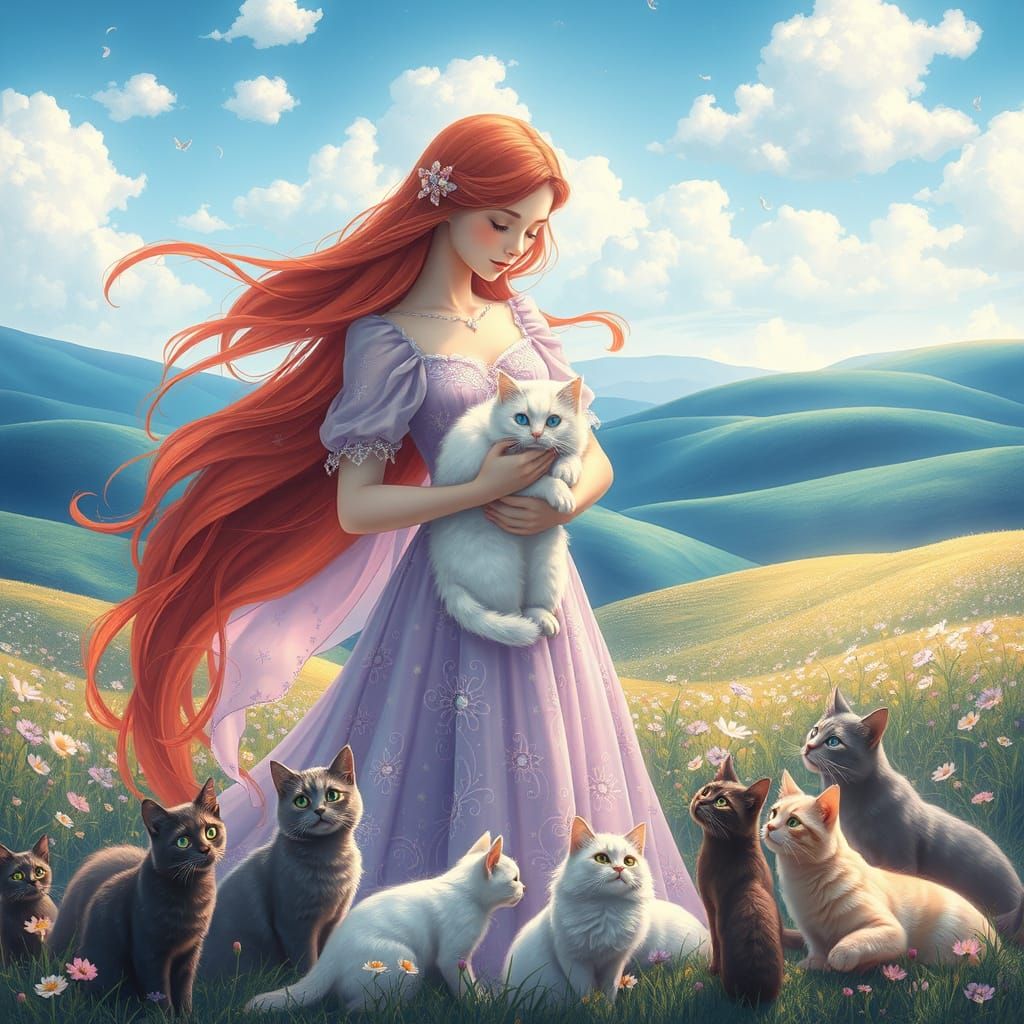 Whimsical Fantasy Scene with Gentle Woman and Majestic Cats