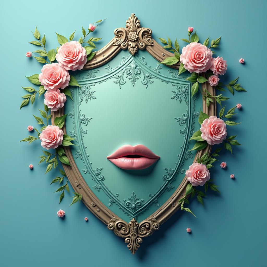 Light Green Heraldic Shield with Floral Mouth, Surrealist St...