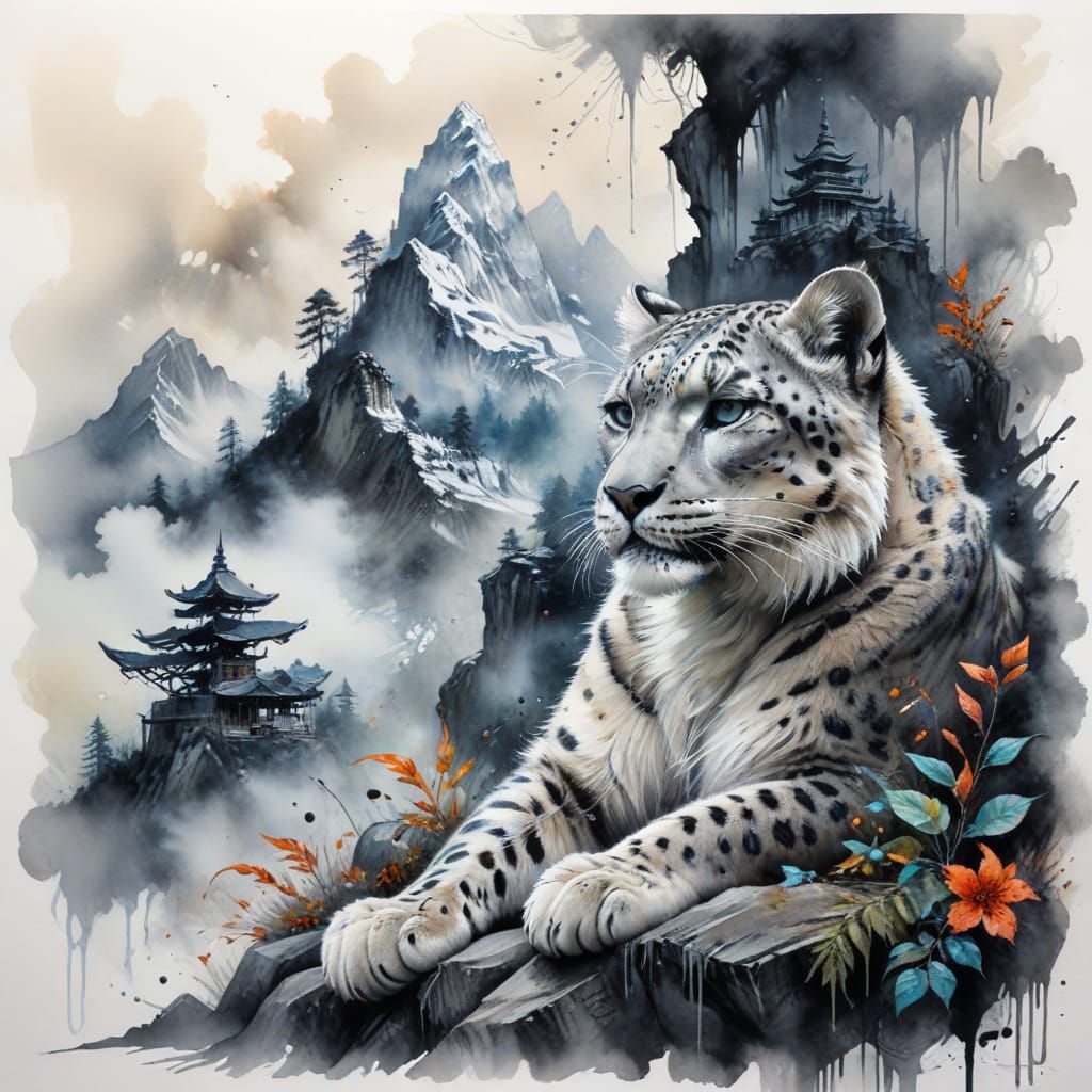 A serene Himalayan temple surrounded by mist, prayer flags f...