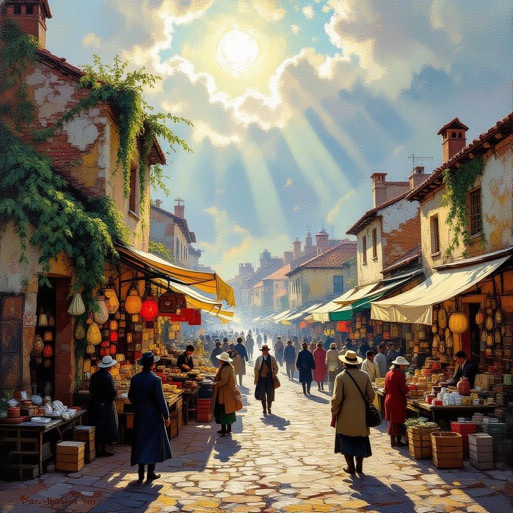 Vibrant Marketplace Scene in Expressive Oil Impasto Style