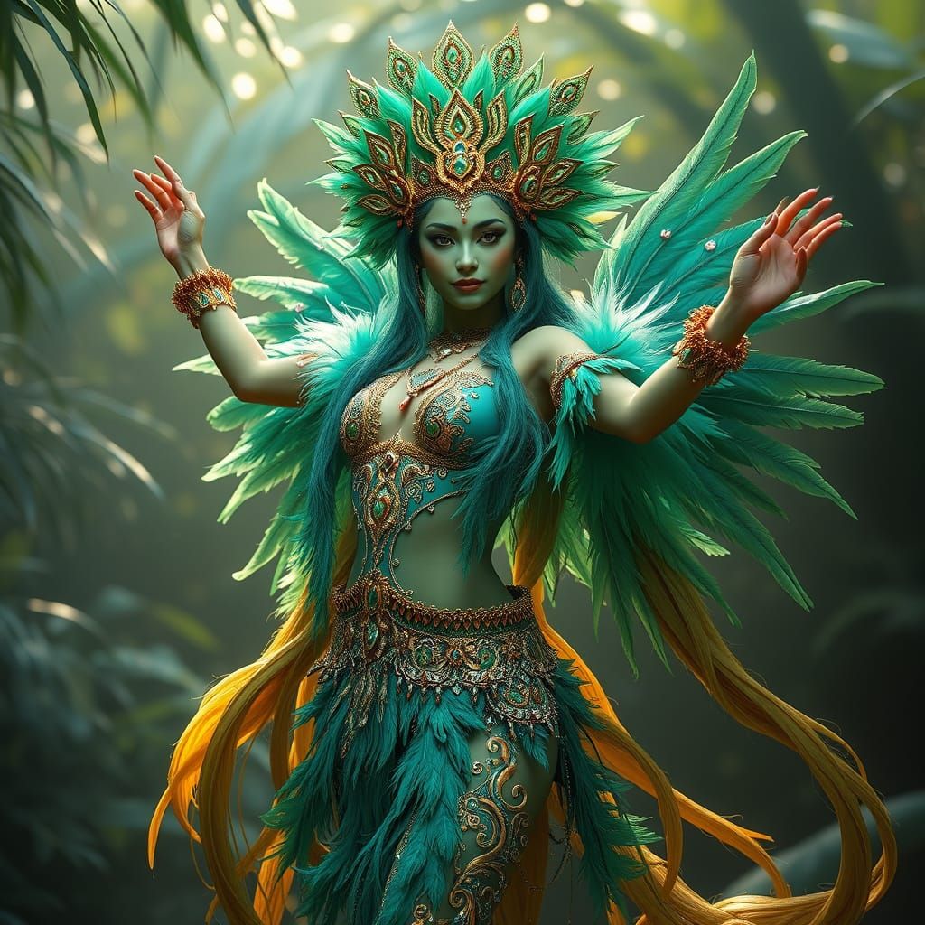 Ethereal Goddess in Emerald Green Fantasy Attire