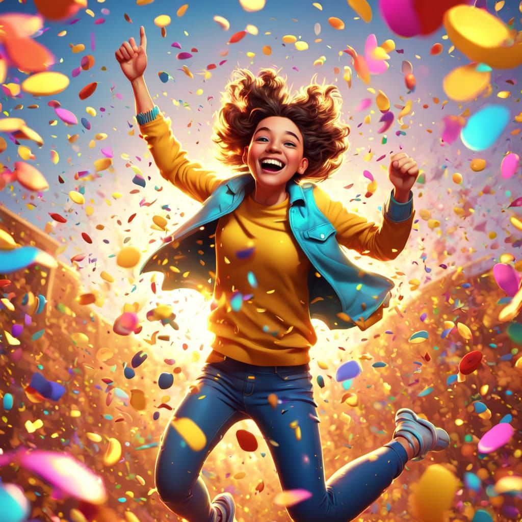 Excited Person Jumps in Cartoon-Style Digital Art