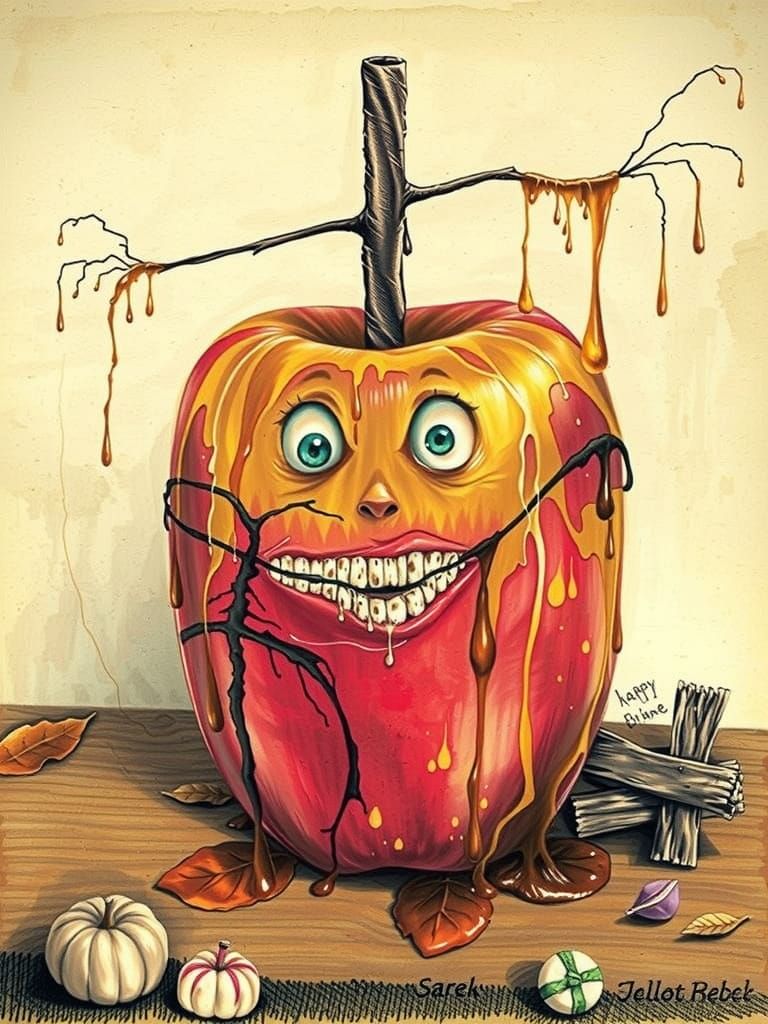 Paint a whimsically eerie gouache portrait of a sentient caramel apple perched upright on a wooden table. The apple’s gl...