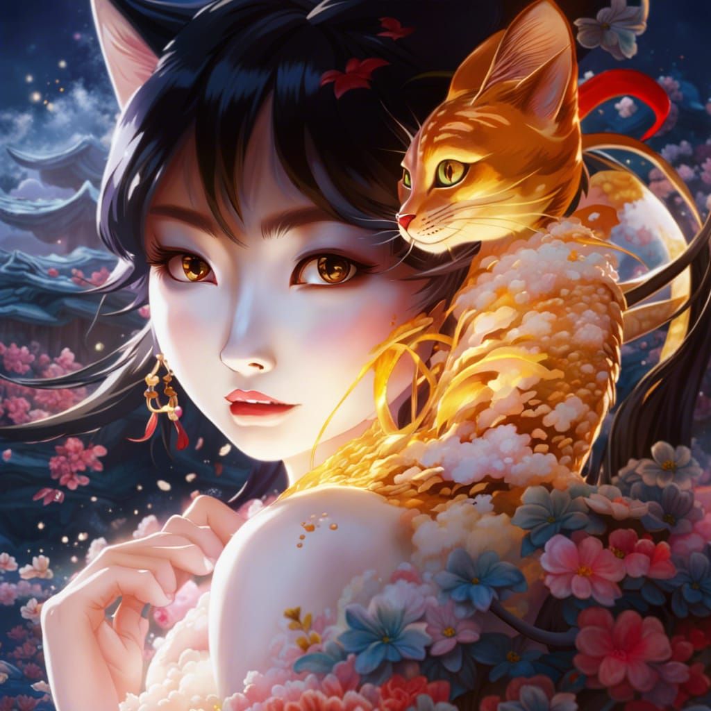 Asian Neko Yokai in Watercolor Fantasy Style