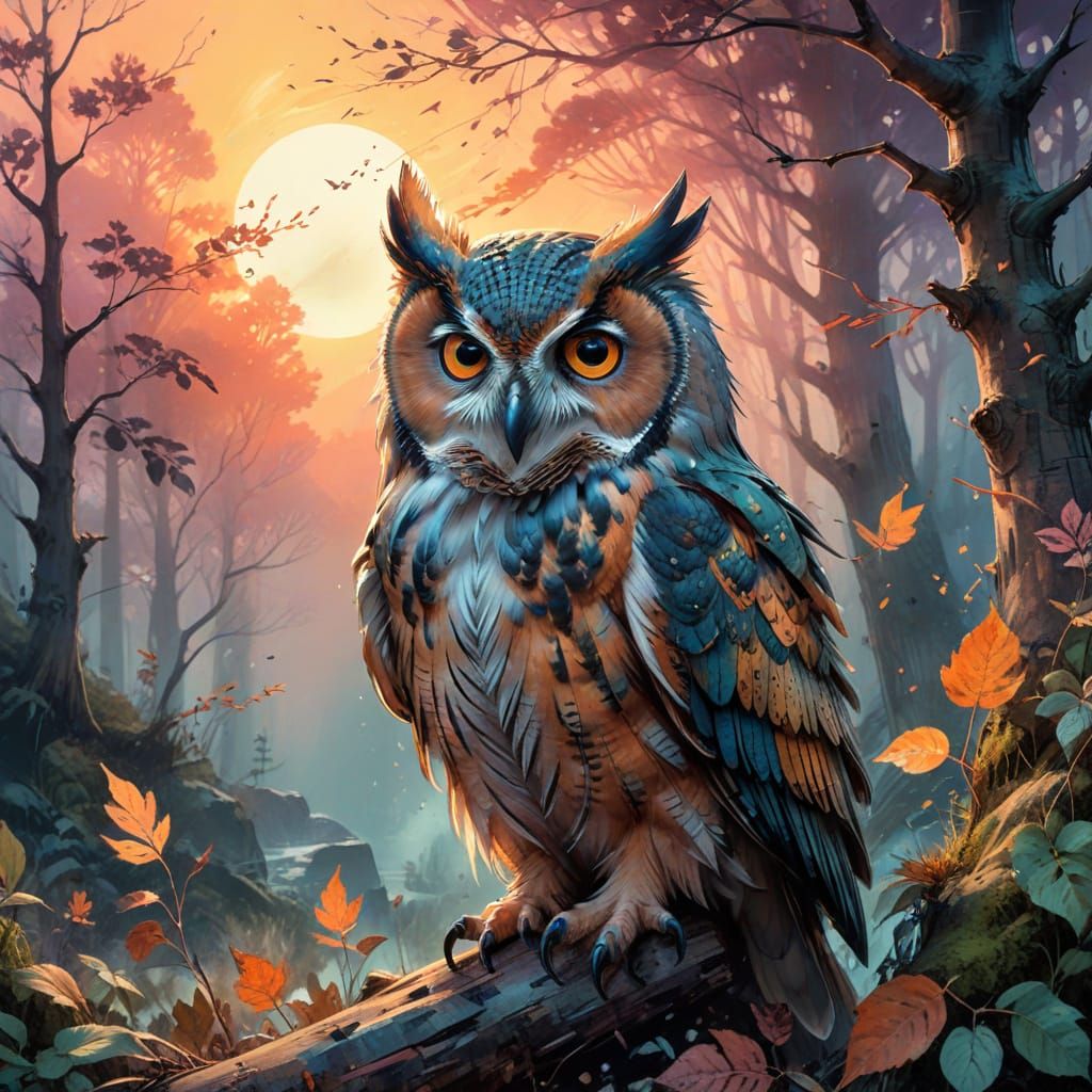 Mystic Owl in Forest, Digital Watercolor Illustration