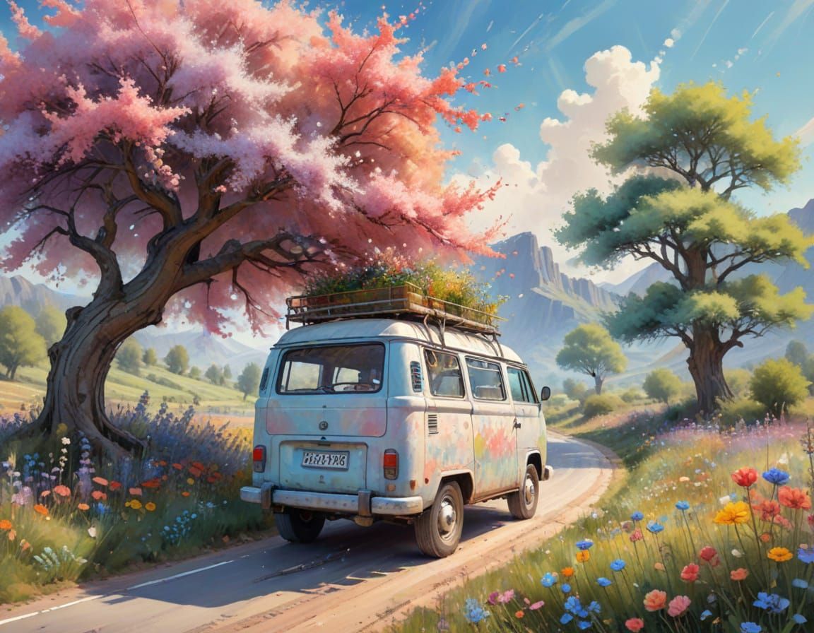 Campervan Road Trip Through Blossom Trees, Watercolour Style
