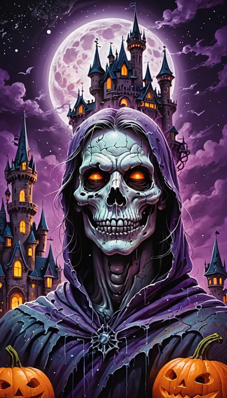 Halloween Castle with Ghost, Pumpkin in Street Art Style