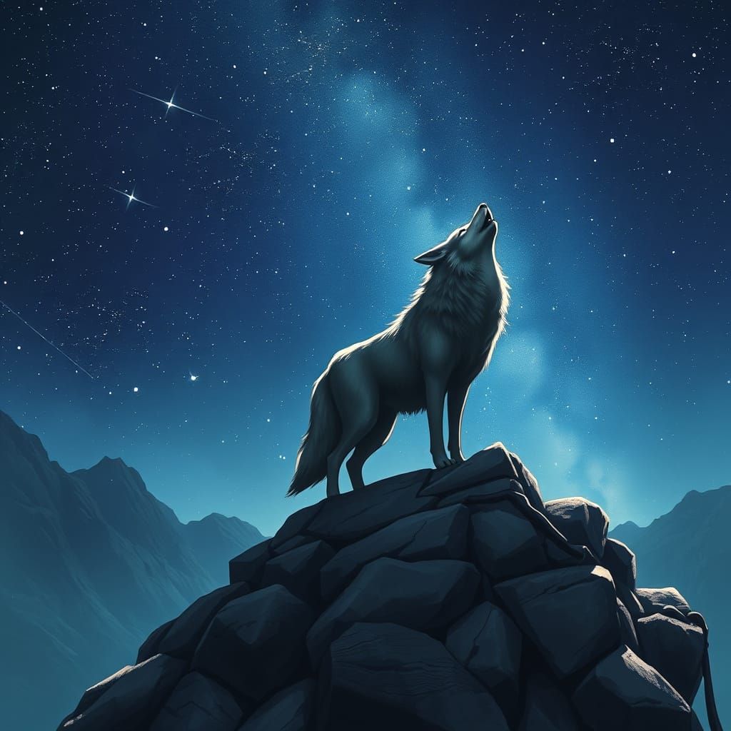 Lone Wolf Silhouetted Against Starry Night Sky