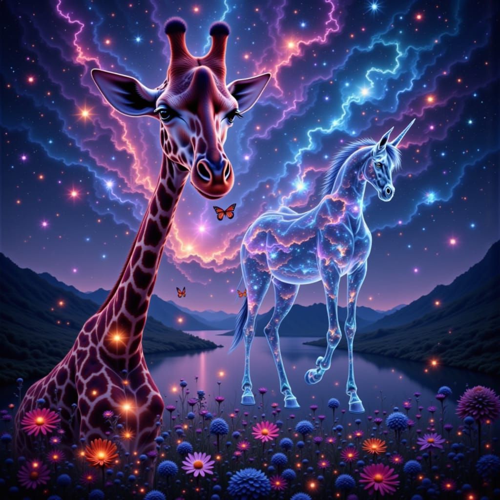 Surreal Double Exposure: Giraffe, Unicorn, Butterfly in Nebu...