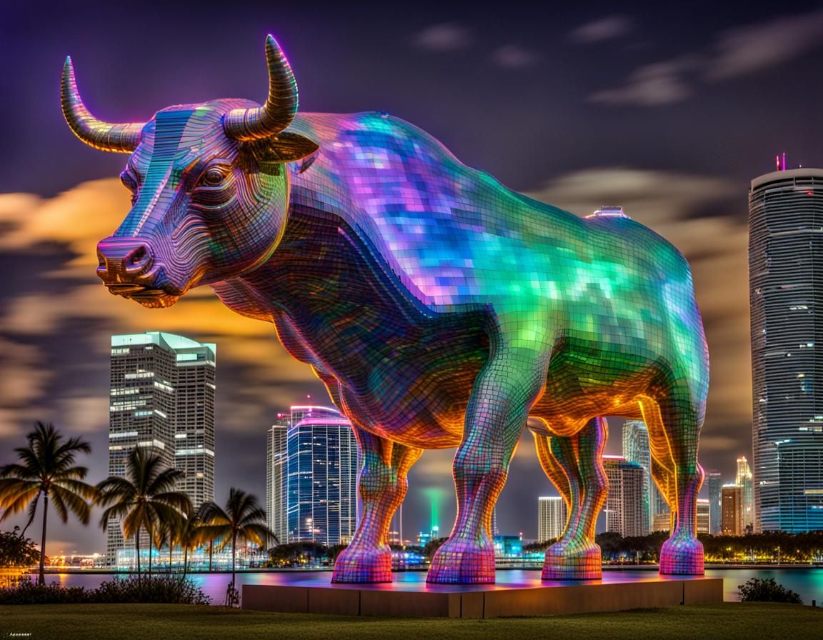 Holographic Bitcoin Bull Shimmers in Miami Skyline