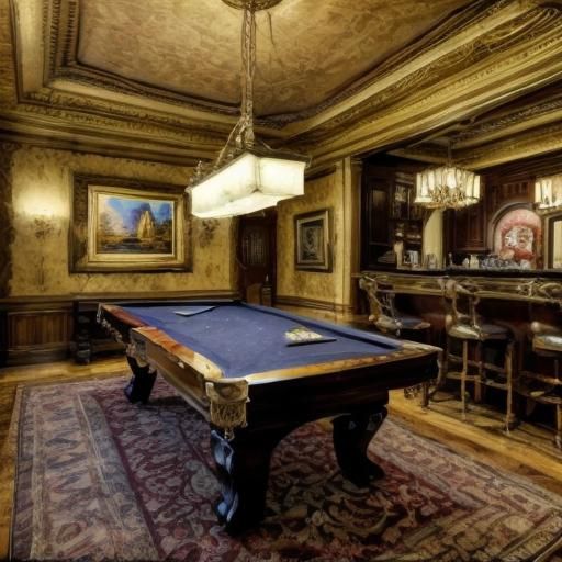 Opulent Mancave with Billiards in Oil Painting Style