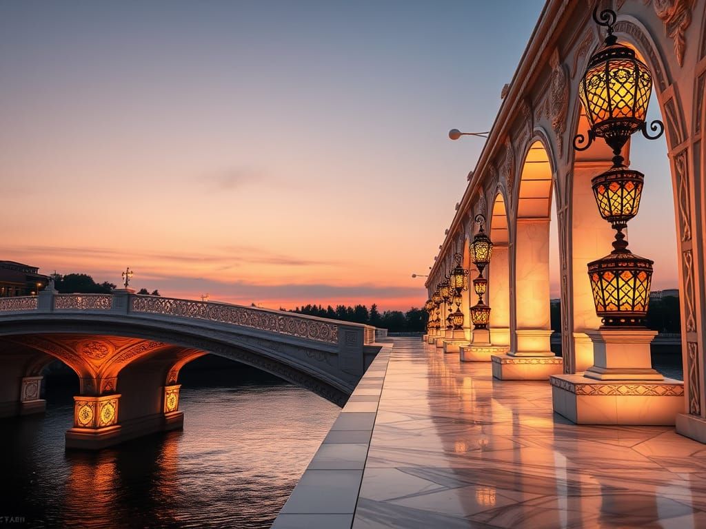 Majestic Eastern-Style Marble Bridge with Intricate Carvings