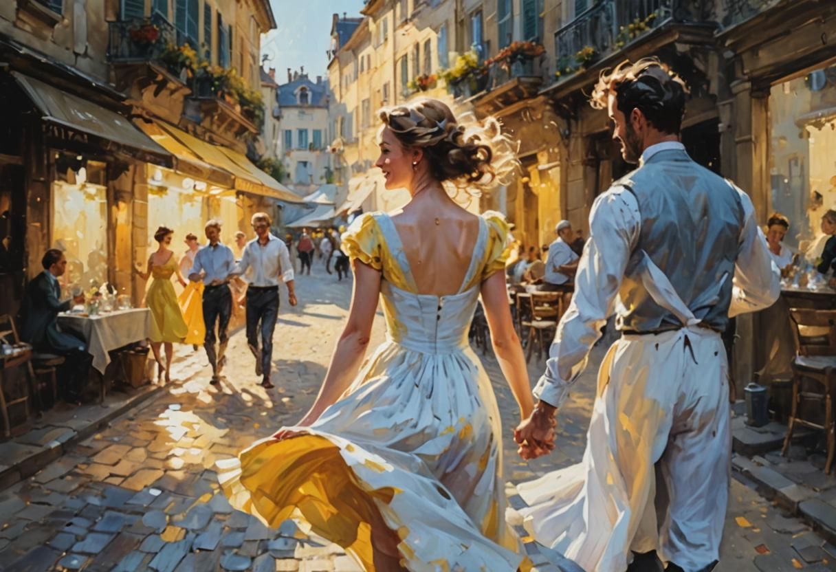 Joyful Dance in Sunlit City: Impressionist Oil Painting