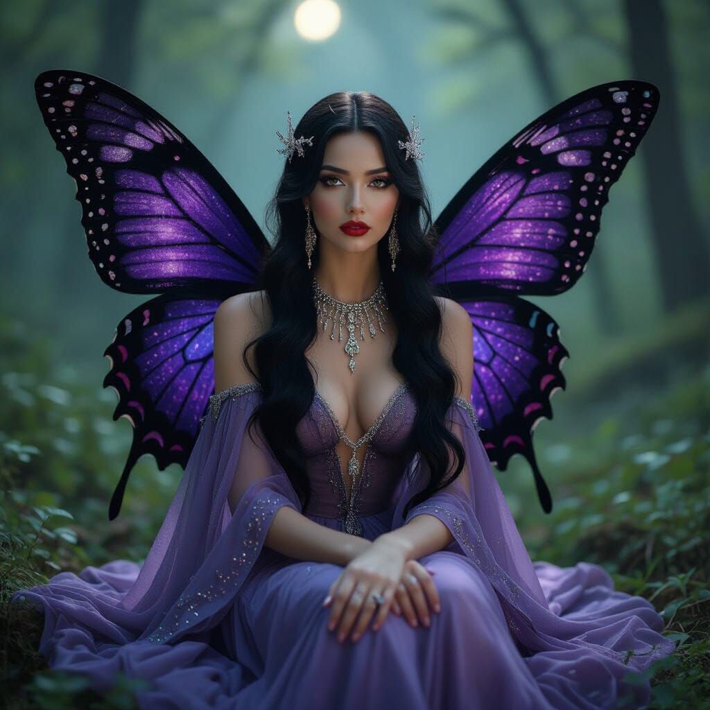 Fae Goddess with Butterfly Wings in Moonlit Forest