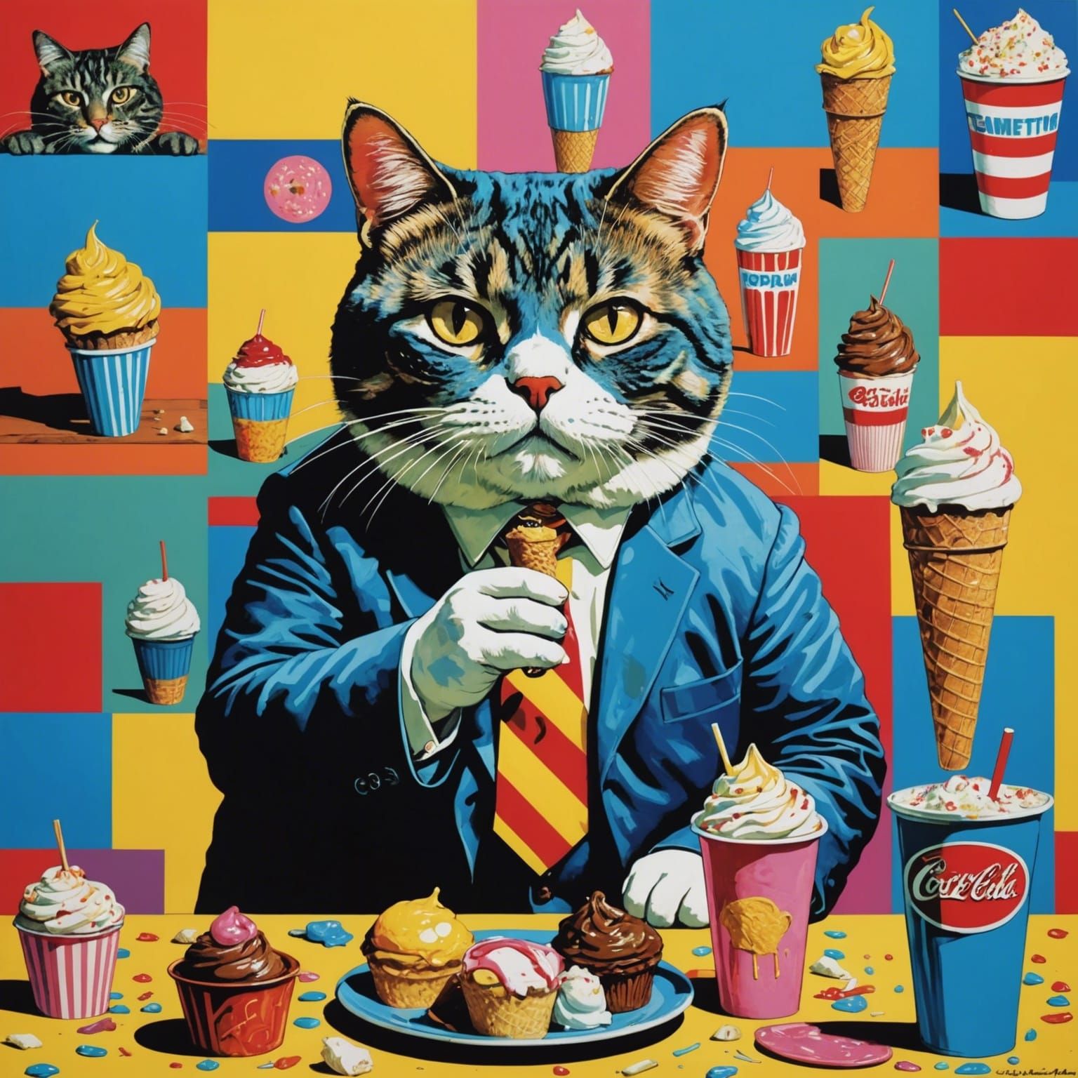 Pop art fat cat eating ice cream