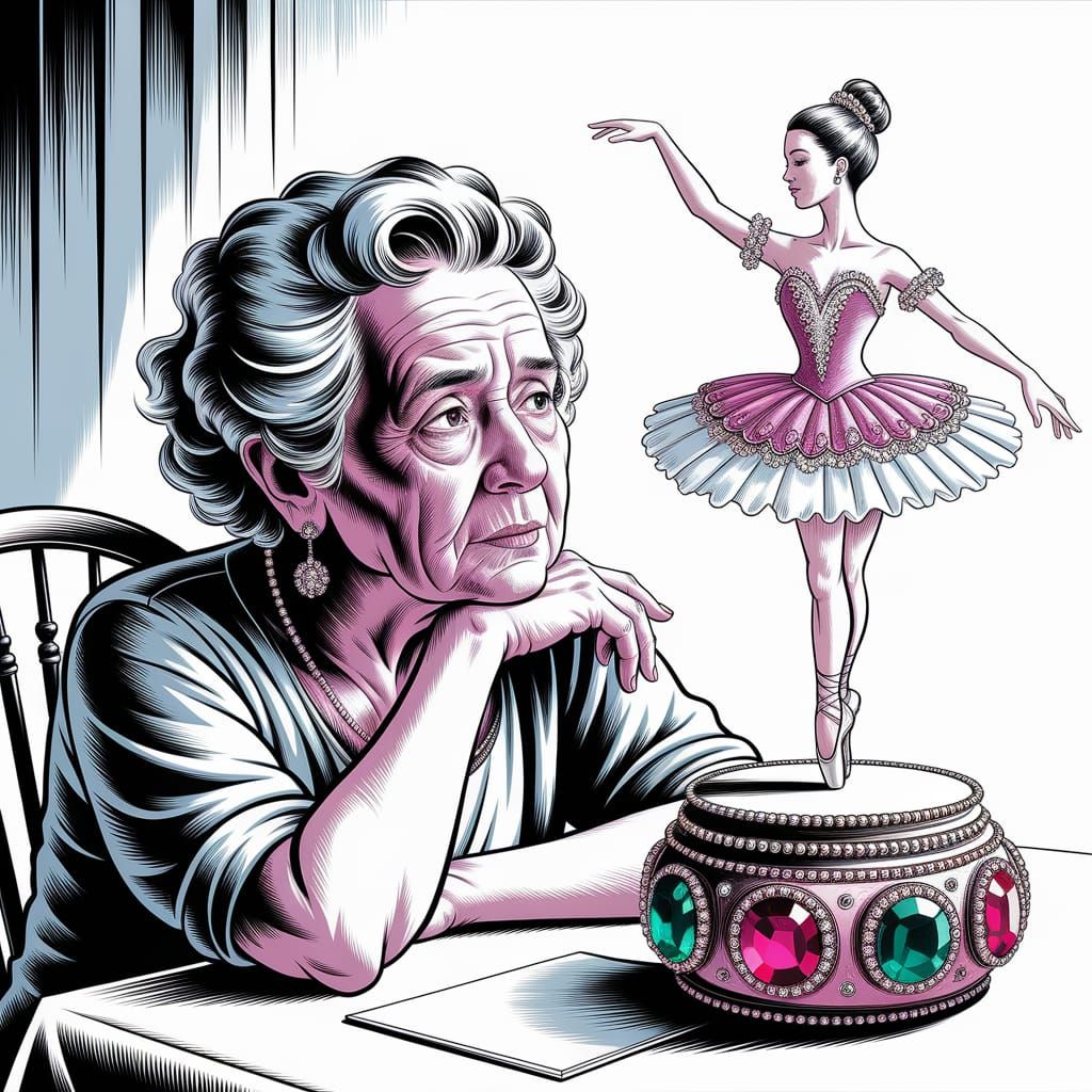 Elegant Elder Woman Contemplates a Precious Ballerina in a R...