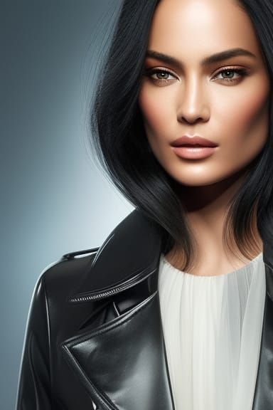 Attractive, smart woman with black hair and a leather jacket