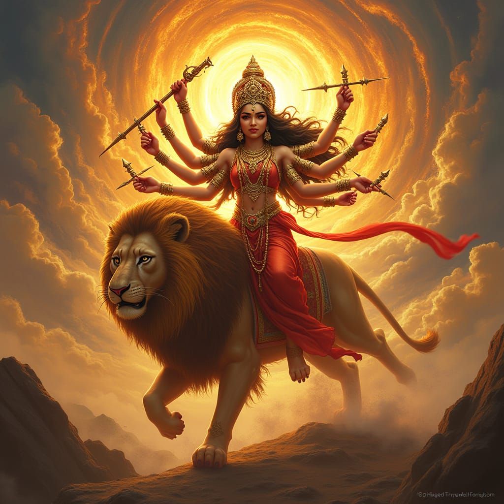 Golden Goddess Durga Maa Rides Cosmic Lion