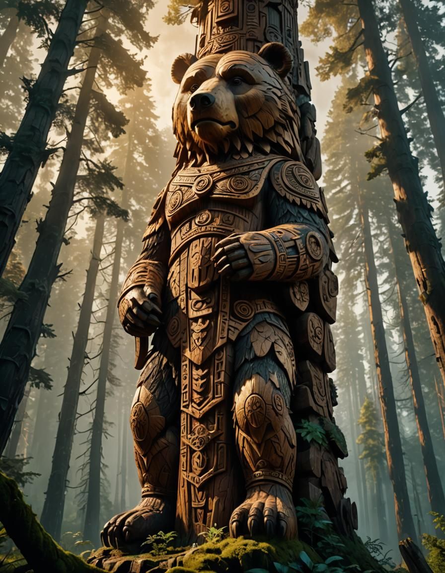 Majestic Bear Totem Pole in Misty Forest