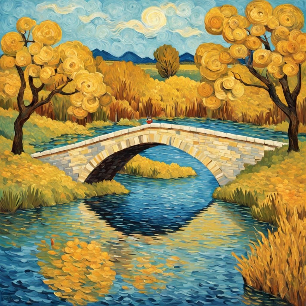 Cubist Impasto Painting of a Country Bridge Over River