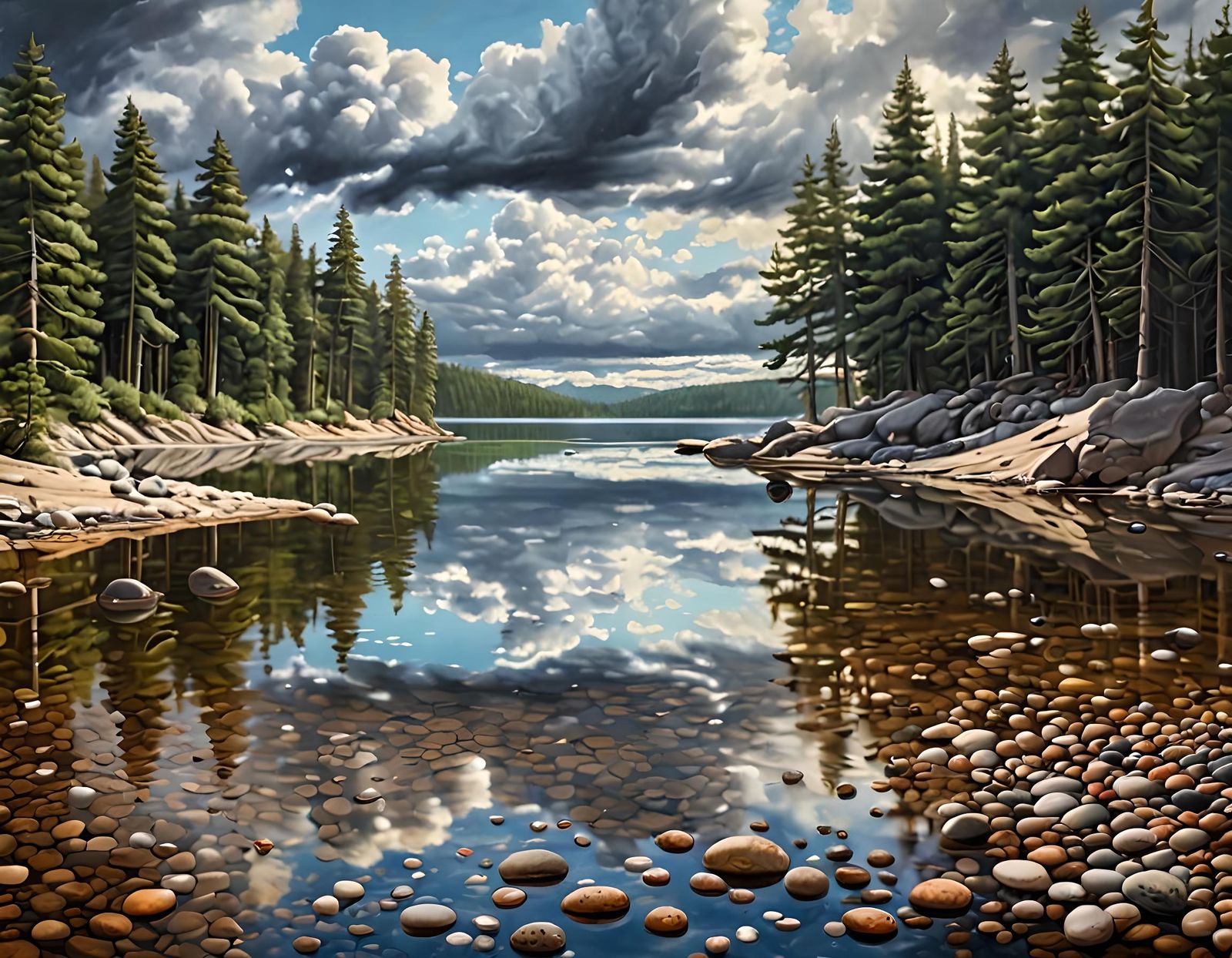 Serene Lake Oil Painting with Pine Forest