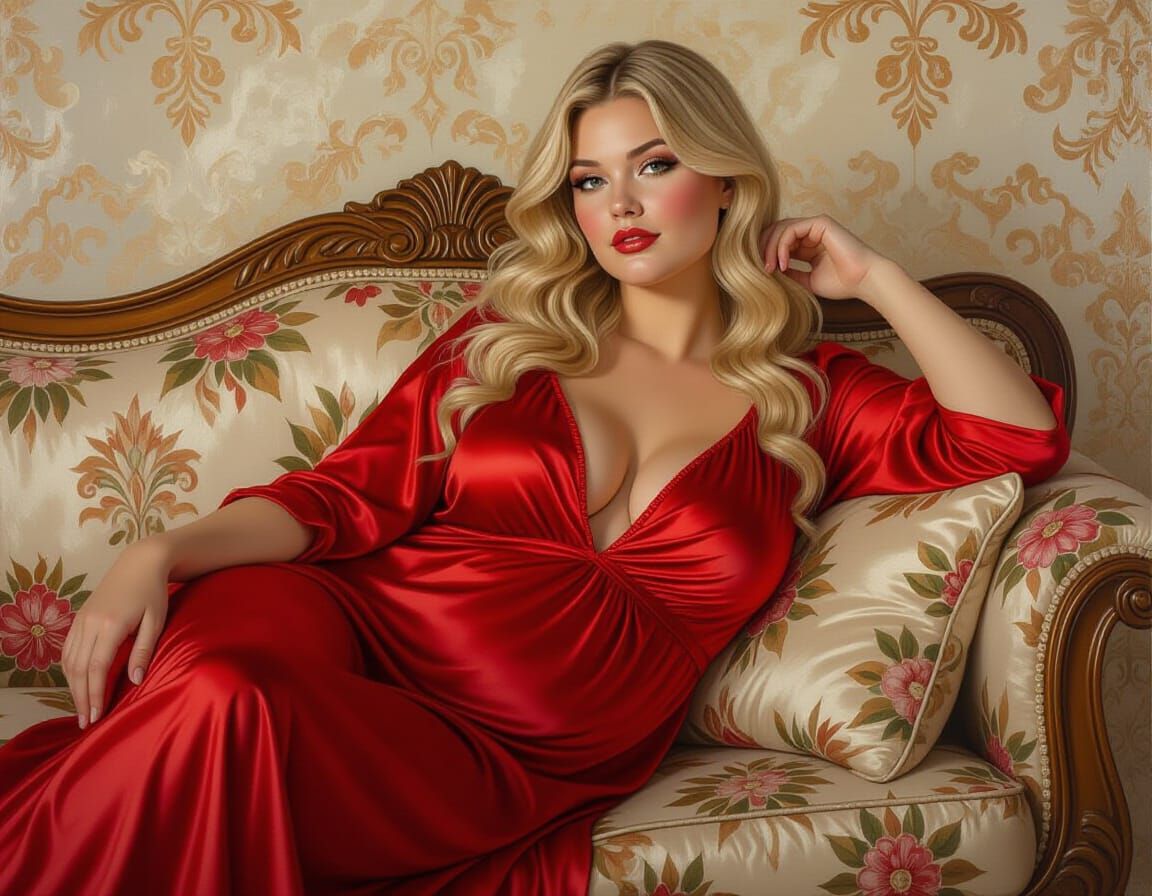 Zaftig Woman in Red Gown Reclining on Divan