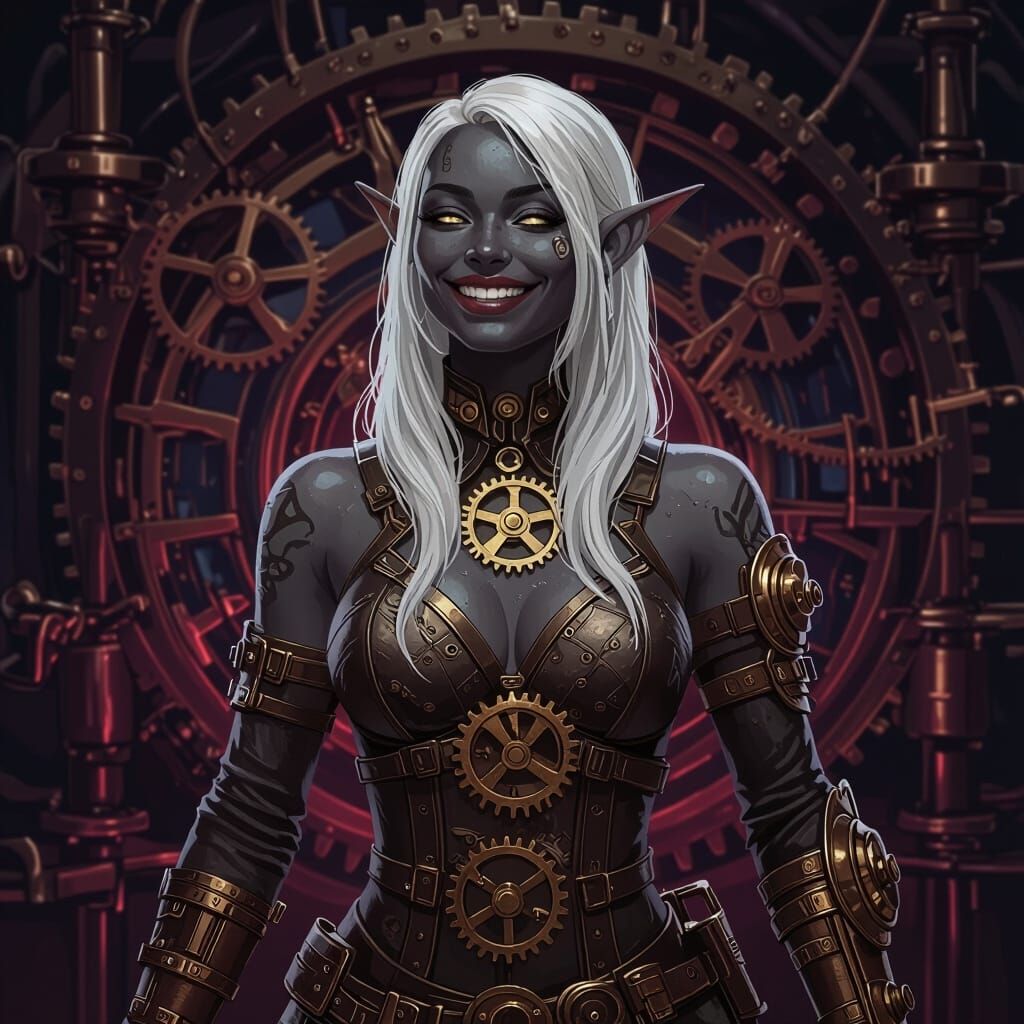 Steampunk Drow Elf with Mischievous Smile
