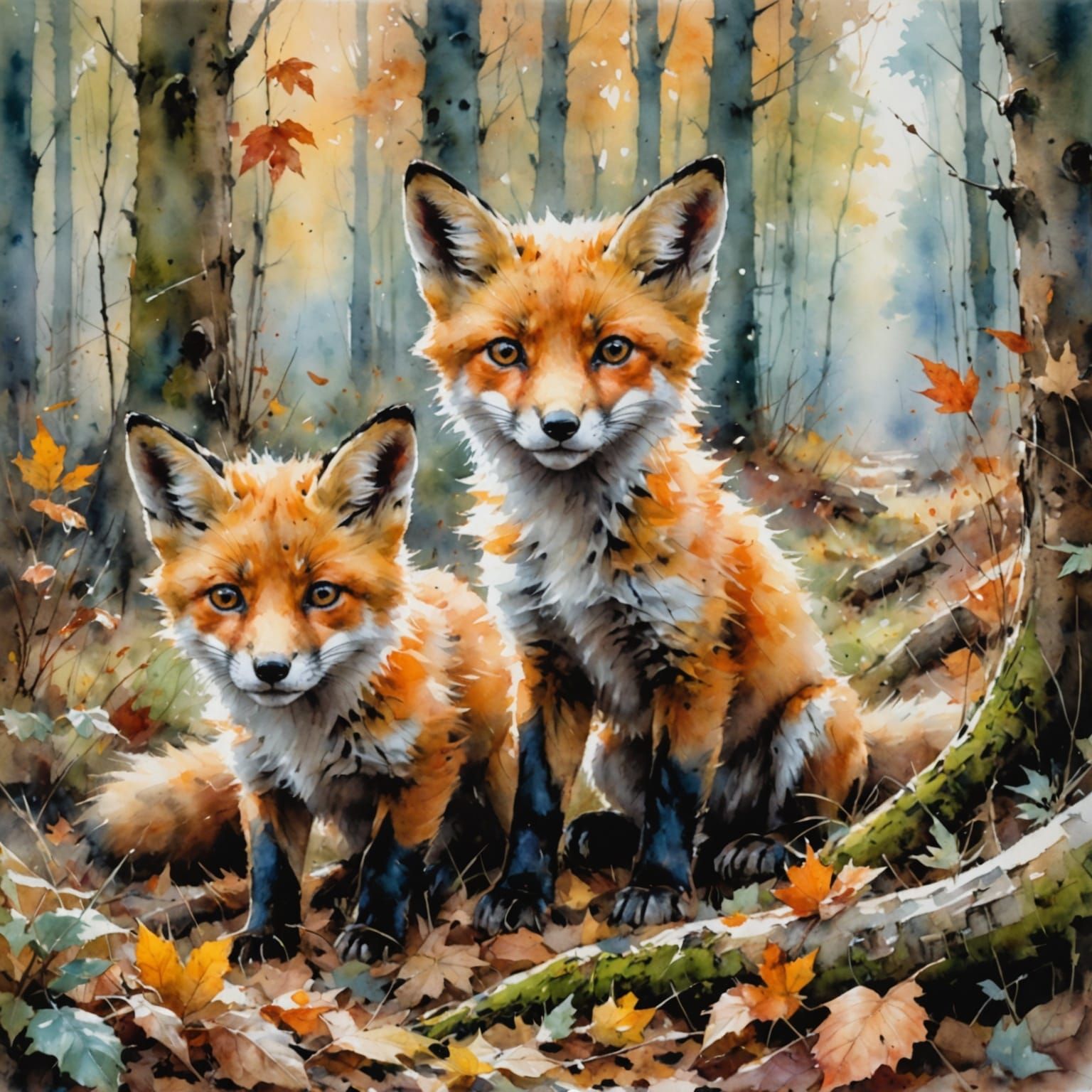 Fox Cubs Play in Autumn Forest Watercolor