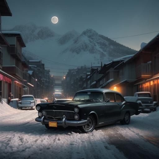 Rainbow Car in Snowy Mountain Sunset: Hyperrealistic Art